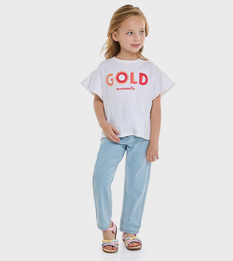 Printed Top with Crew Neck and Flutter Sleeves