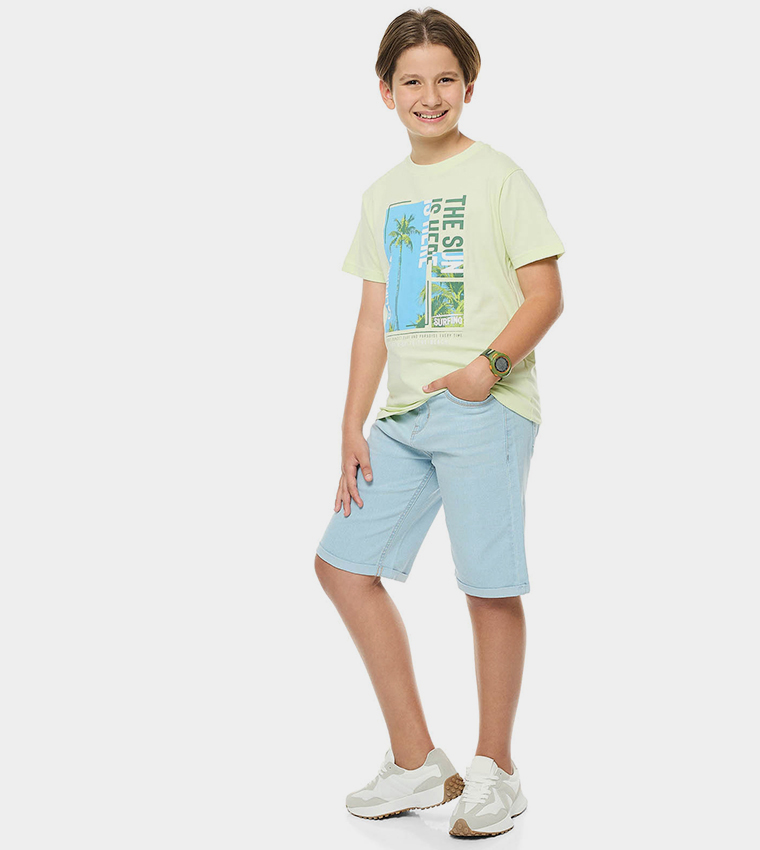 Washed Denim Shorts with Button Closure