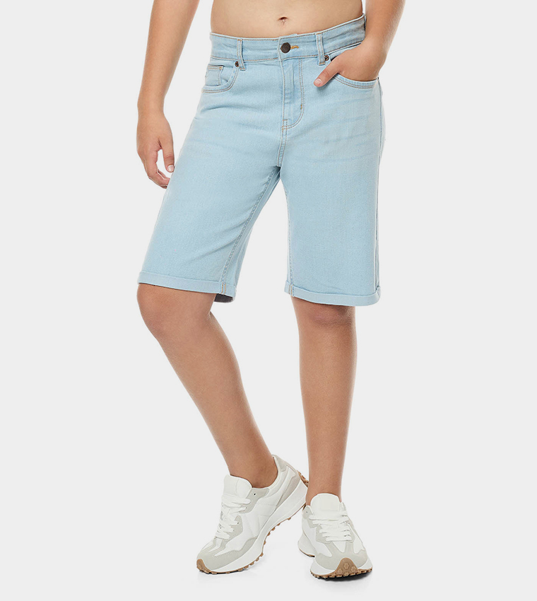Washed Denim Shorts with Button Closure