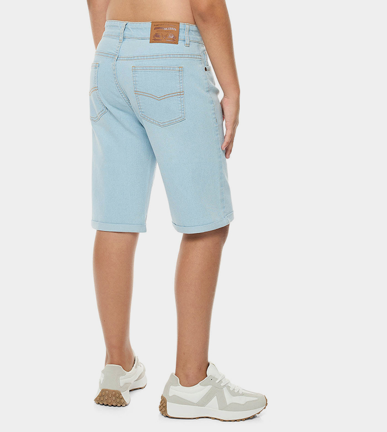 Washed Denim Shorts with Button Closure