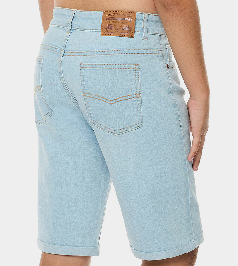 Washed Denim Shorts with Button Closure