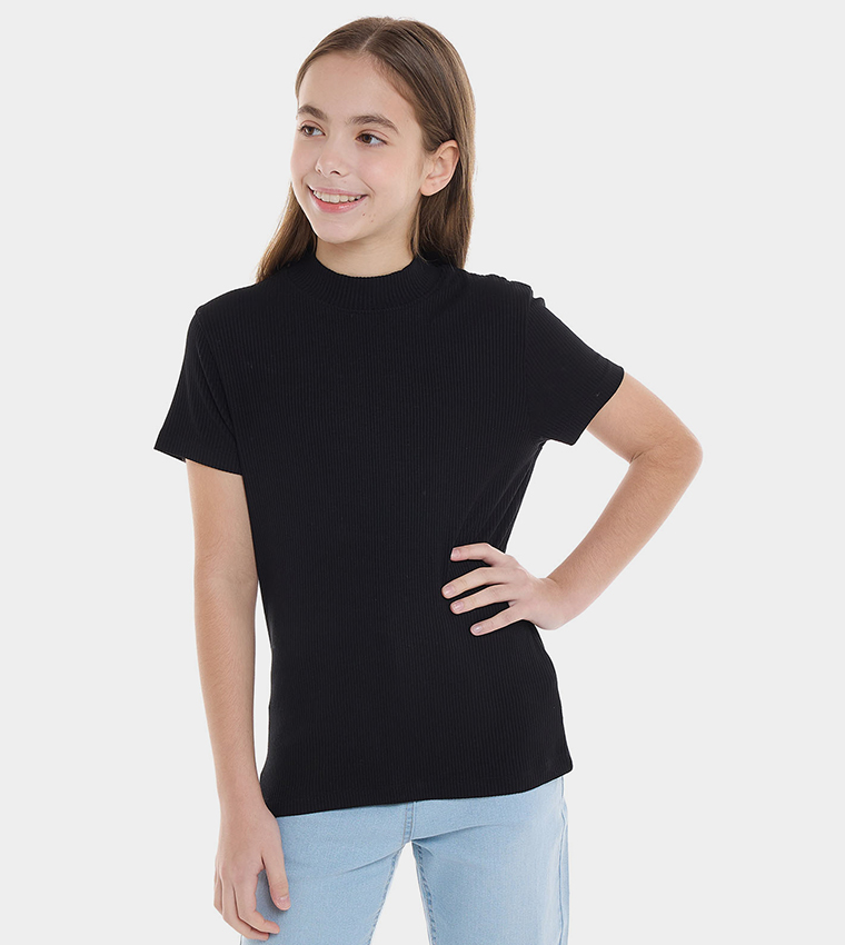 Ribbed Top with Mock Neck and Short Sleeves