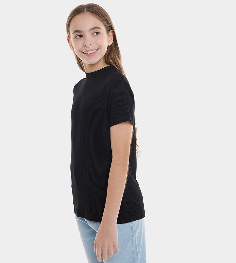 Ribbed Top with Mock Neck and Short Sleeves
