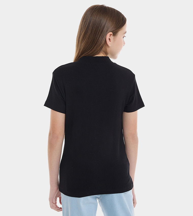 Ribbed Top with Mock Neck and Short Sleeves
