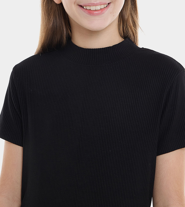 Ribbed Top with Mock Neck and Short Sleeves