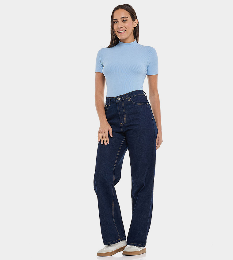 Ribbed Top with Mock Neck and Short Sleeves