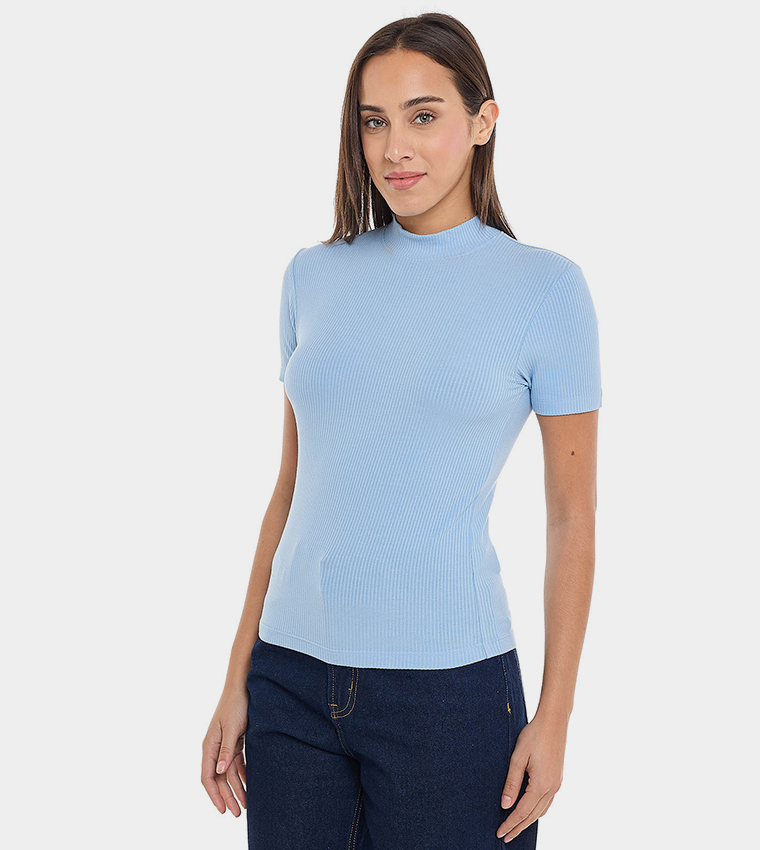 Ribbed Top with Mock Neck and Short Sleeves