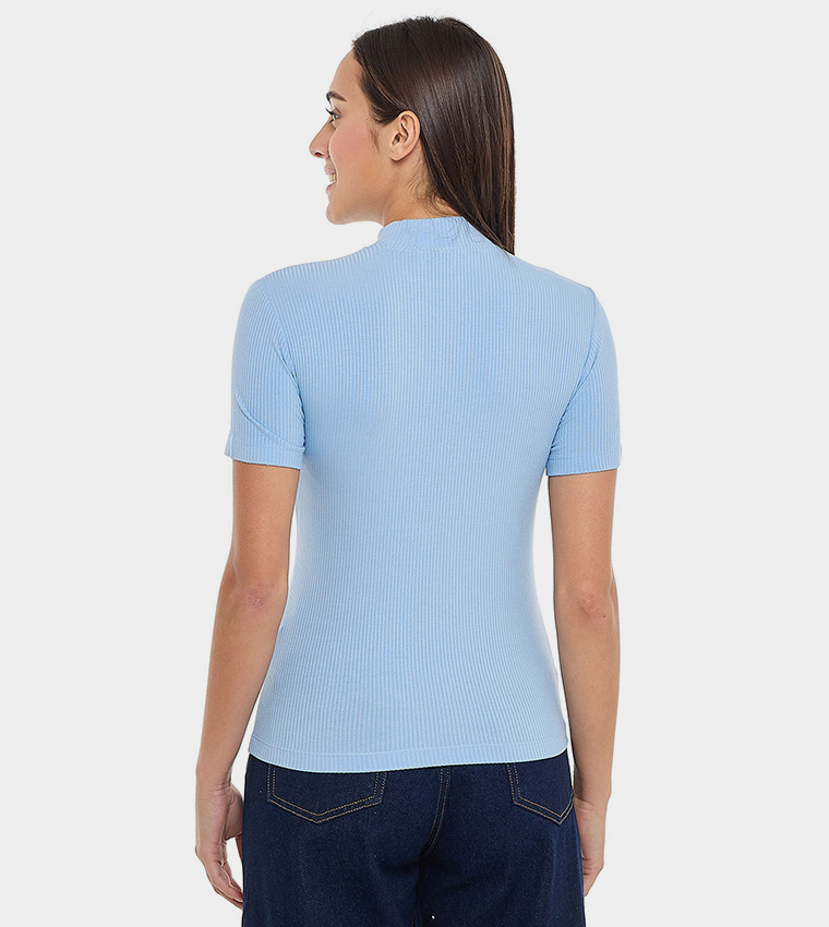 Ribbed Top with Mock Neck and Short Sleeves