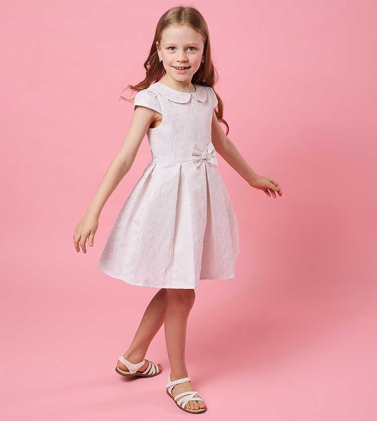 Self Patterned Mini Dress with Baby Collar and Cap Sleeves