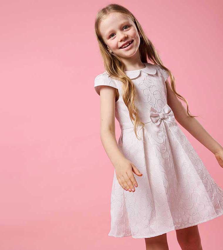 Self Patterned Mini Dress with Baby Collar and Cap Sleeves