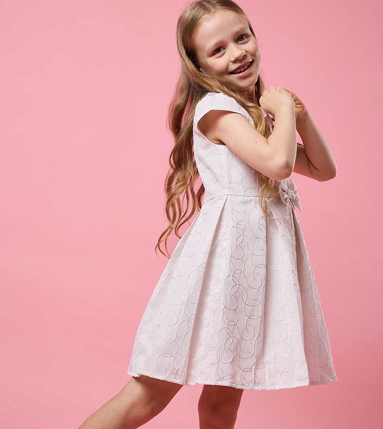 Self Patterned Mini Dress with Baby Collar and Cap Sleeves