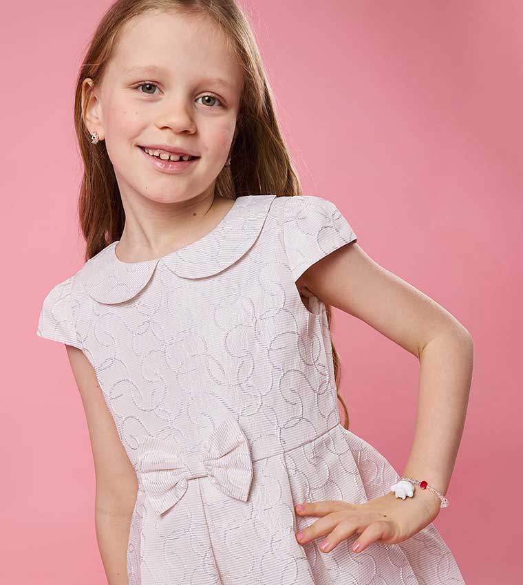Self Patterned Mini Dress with Baby Collar and Cap Sleeves