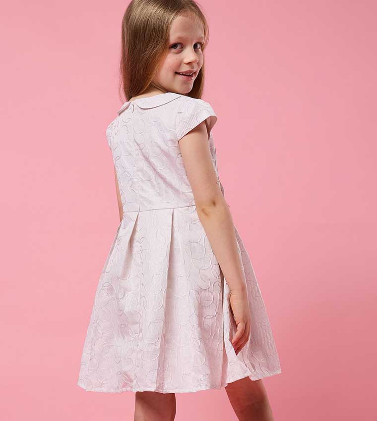 Self Patterned Mini Dress with Baby Collar and Cap Sleeves