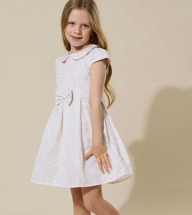 Self Patterned Mini Dress with Baby Collar and Cap Sleeves