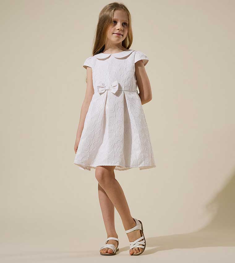 Self Patterned Mini Dress with Baby Collar and Cap Sleeves