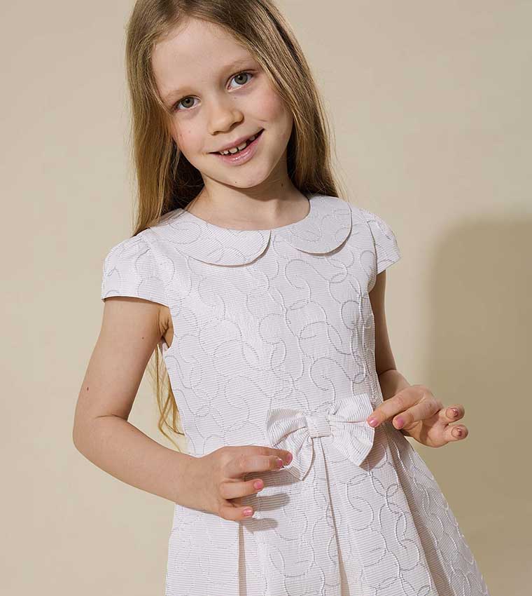 Self Patterned Mini Dress with Baby Collar and Cap Sleeves