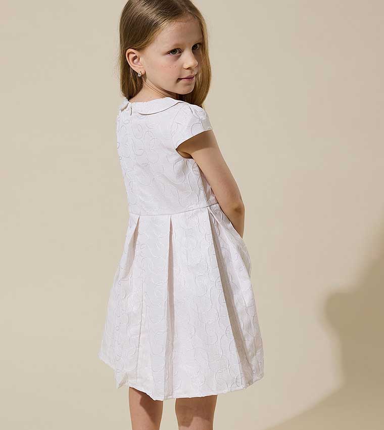 Self Patterned Mini Dress with Baby Collar and Cap Sleeves