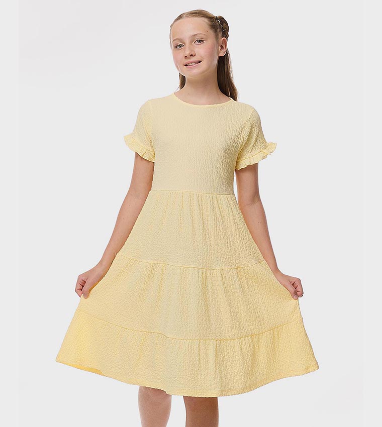 Textured Tiered Dress with Crew Neck and Short Sleeves