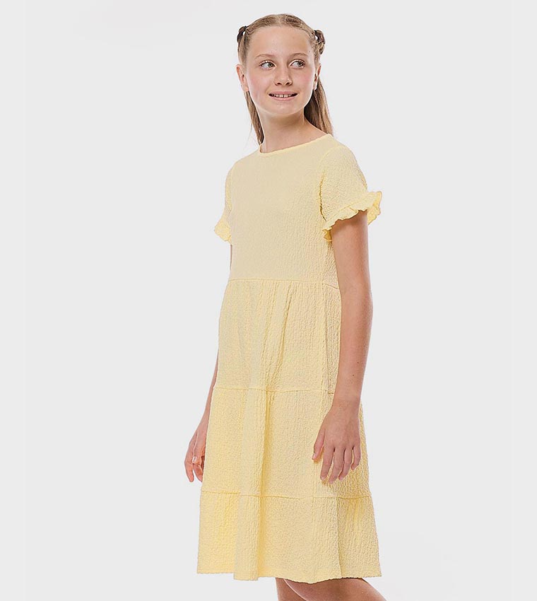 Textured Tiered Dress with Crew Neck and Short Sleeves