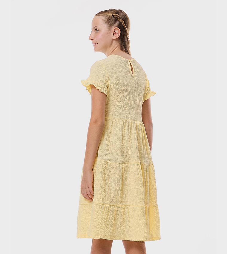 Textured Tiered Dress with Crew Neck and Short Sleeves