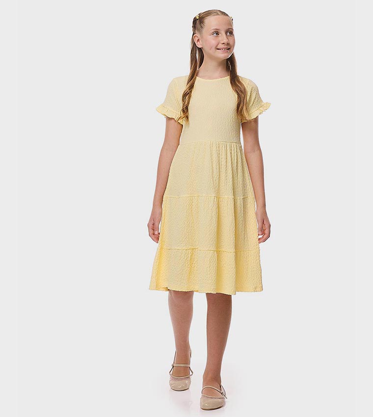 Textured Tiered Dress with Crew Neck and Short Sleeves