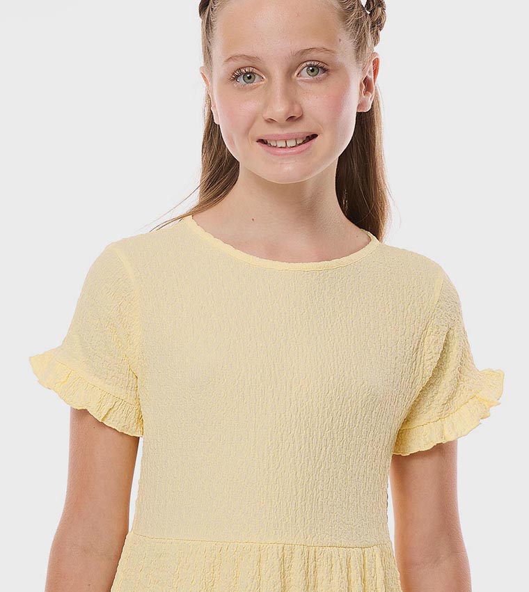 Textured Tiered Dress with Crew Neck and Short Sleeves