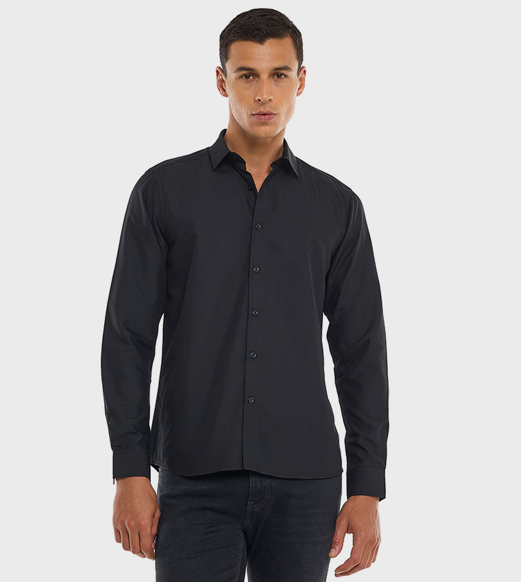 Solid Shirt with Classic Collar and Long Sleeves