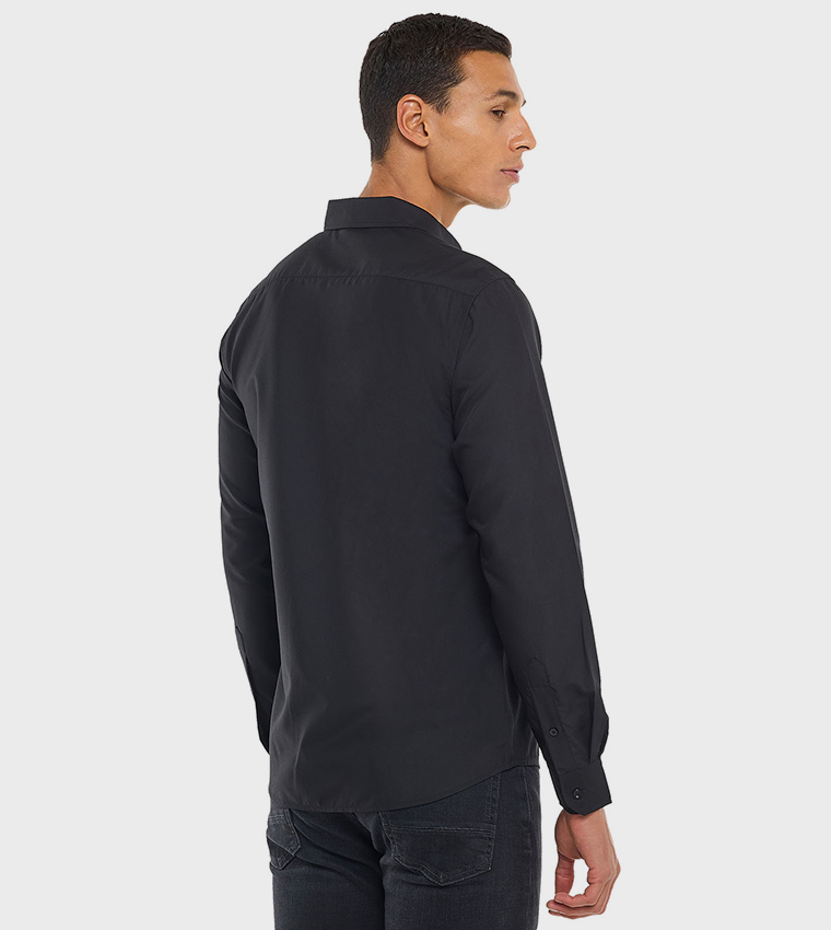 Solid Shirt with Classic Collar and Long Sleeves