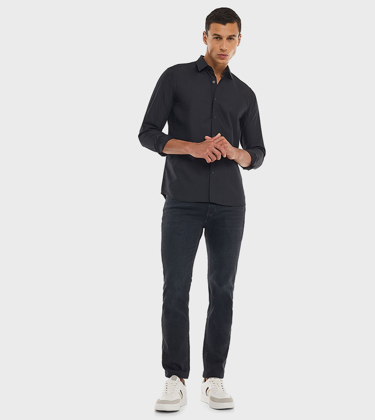 Solid Shirt with Classic Collar and Long Sleeves