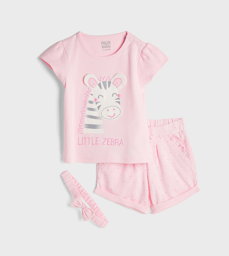 Embroidered Top and Shorts Set with Headband