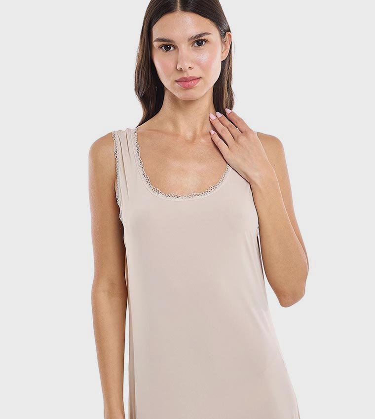 Lace Trim Sleeveless Nightgown with Scoop Neck