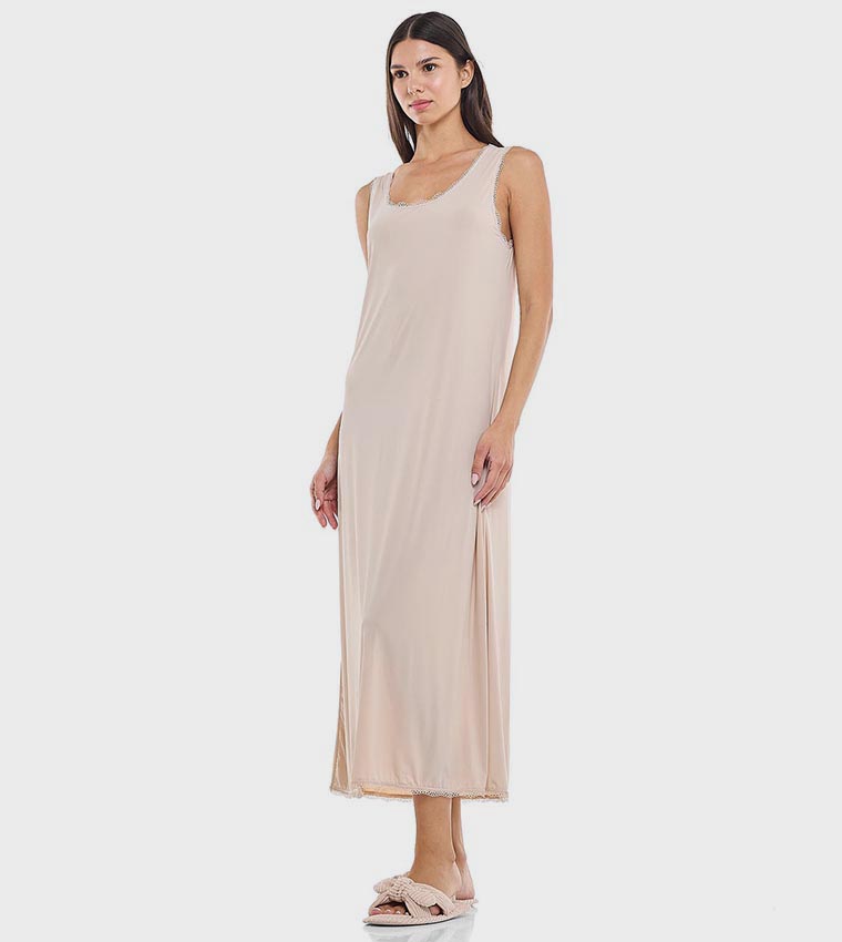 Lace Trim Sleeveless Nightgown with Scoop Neck