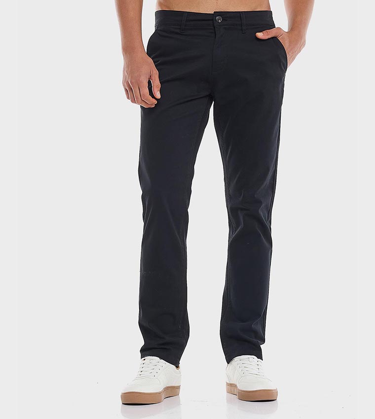 Solid Slim Fit Pants with Button Closure