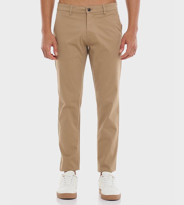 Solid Slim Fit Pants with Button Closure