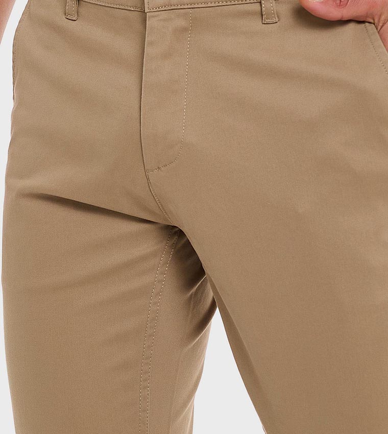 Solid Slim Fit Pants with Button Closure