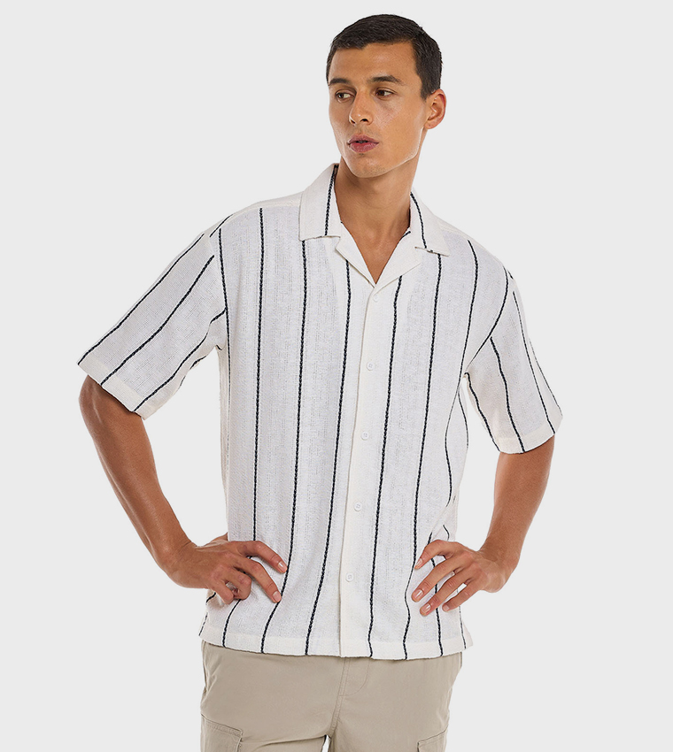 Striped Shirt with Revere Collar and Short Sleeves