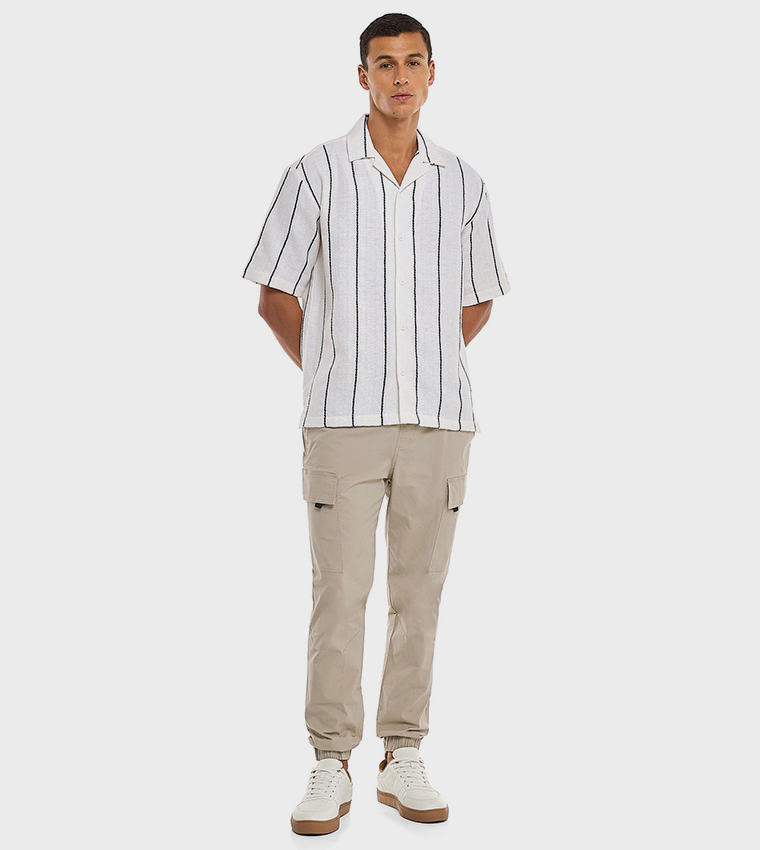 Striped Shirt with Revere Collar and Short Sleeves