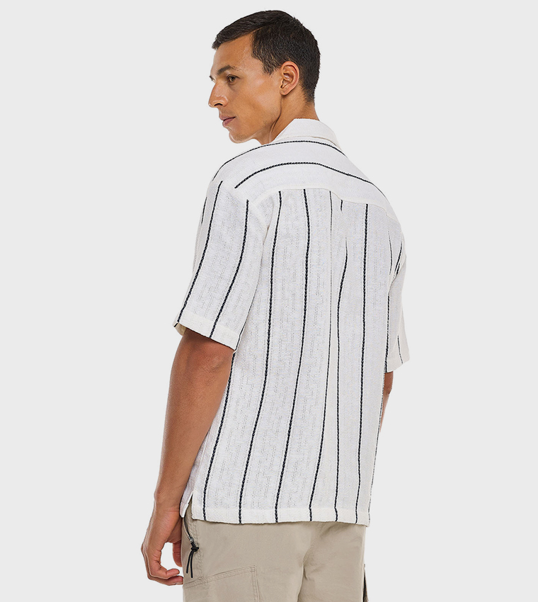 Striped Shirt with Revere Collar and Short Sleeves