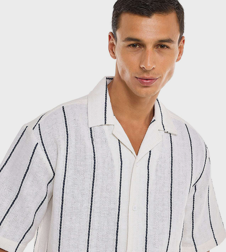Striped Shirt with Revere Collar and Short Sleeves