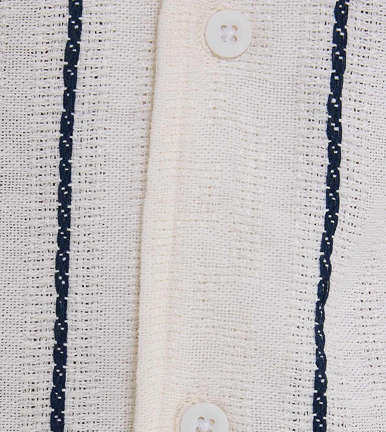 Striped Shirt with Revere Collar and Short Sleeves
