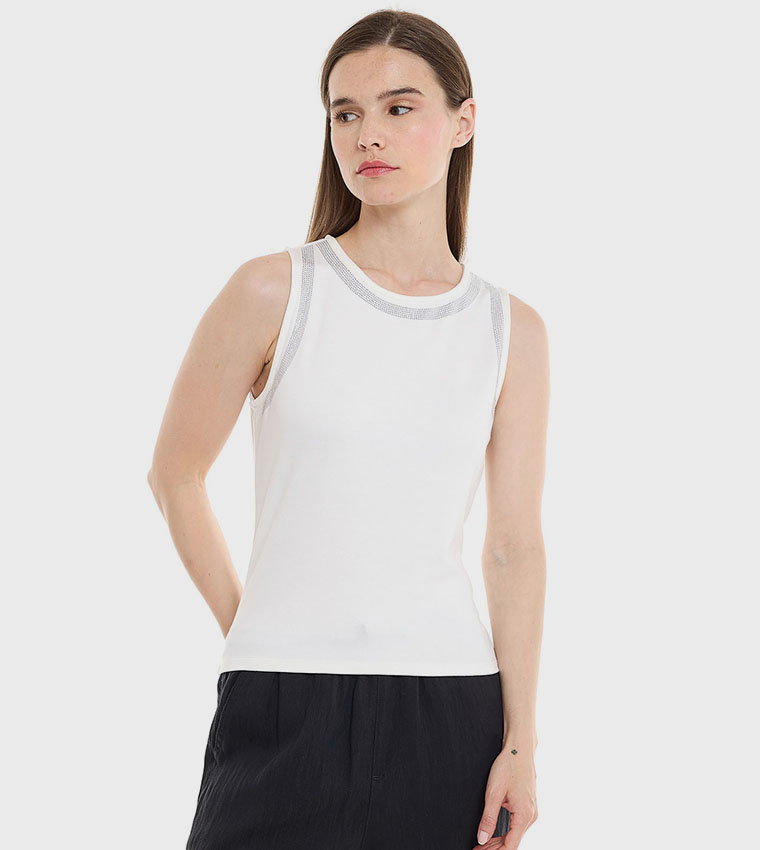 Embellished Sleeveless Top with Round Neck
