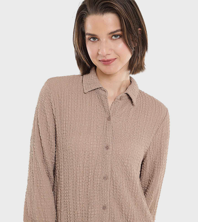 Textured Tunic with Classic Collar and Long Sleeves