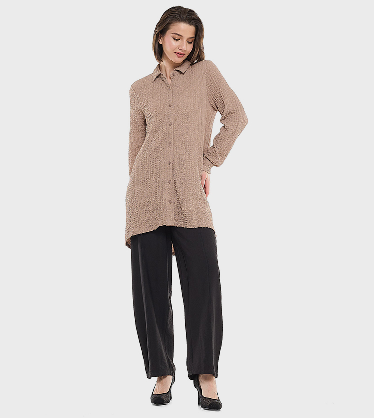 Textured Tunic with Classic Collar and Long Sleeves