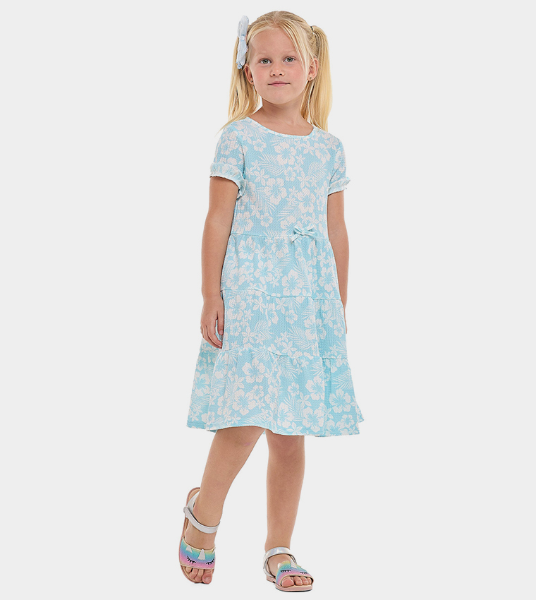 Floral Printed Tiered Dress with Crew Neck and Short Sleeves