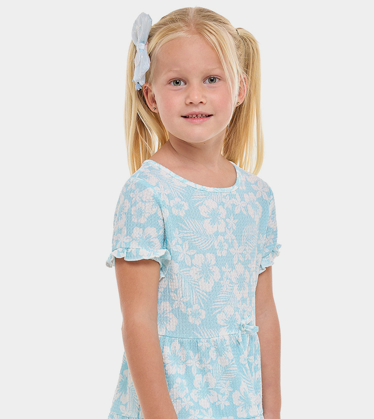 Floral Printed Tiered Dress with Crew Neck and Short Sleeves