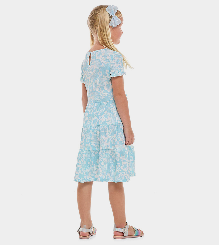 Floral Printed Tiered Dress with Crew Neck and Short Sleeves