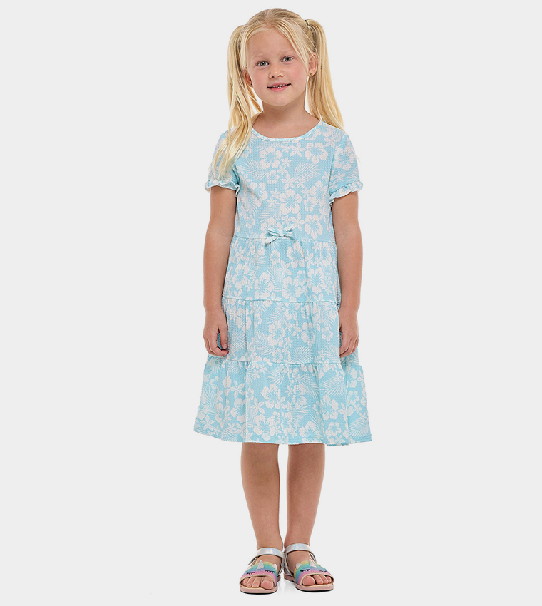 Floral Printed Tiered Dress with Crew Neck and Short Sleeves