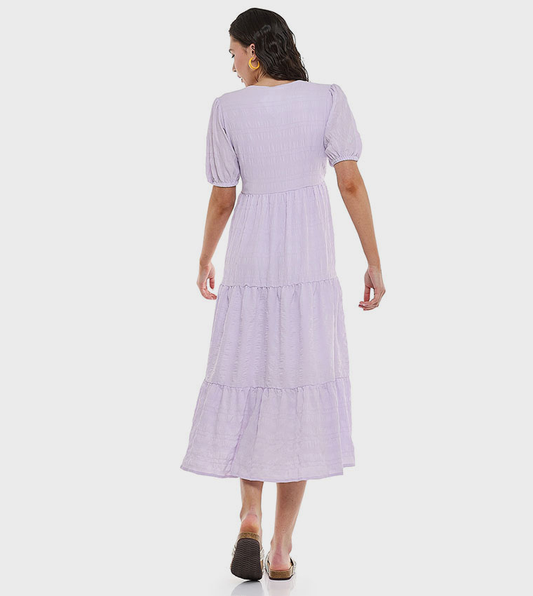 Textured Tiered Dress with V-Neck and Puff Sleeves