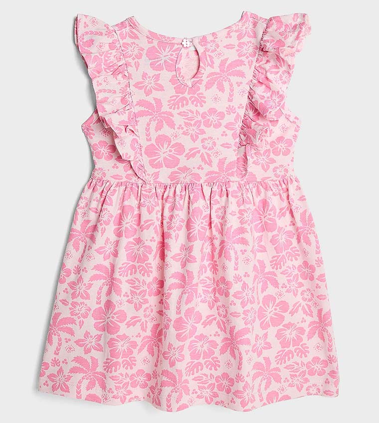 Patterned Dress with Crew Neck and Ruffle Sleeves