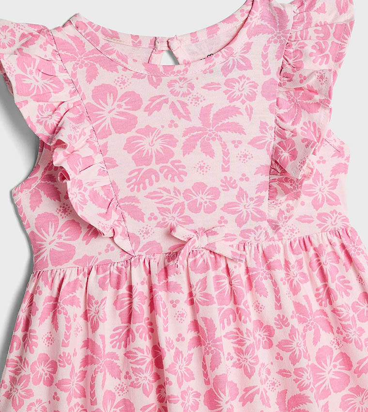Patterned Dress with Crew Neck and Ruffle Sleeves